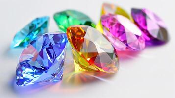 Close-up of colorful gemstones in various shapes and sizes on a white background, showcasing their vibrant hues and intricate cuts. photo
