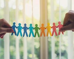 Two hands holding a colorful paper chain of people against a bright, blurred background, symbolizing unity and diversity. photo