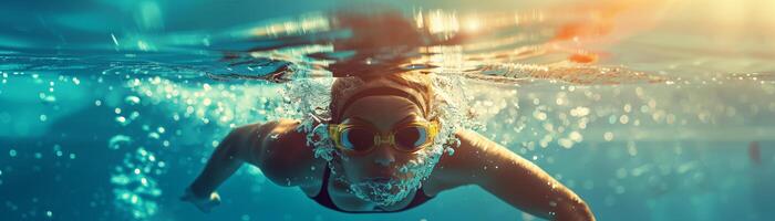 Underwater shot of a swimmer with goggles swimming in a pool with sunlight shining through, creating a dynamic and vibrant atmosphere. photo