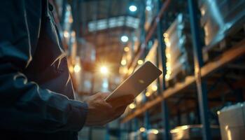 Warehouse worker using a tablet to check inventory in a modern distribution center. Technology in logistics and supply chain management. photo