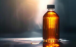 A glass bottle filled with amber liquid, illuminated in low light, creating a dramatic and mysterious effect. Perfect for backgrounds and themes. photo