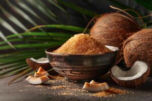 Brown coconut sugar in a wooden bowl surrounded by fresh coconuts and palm leaves, capturing a tropical essence. photo