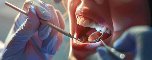 Dentist examining patient's teeth with dental tools during check-up at clinic. Close-up of open mouth and gloved hands. photo