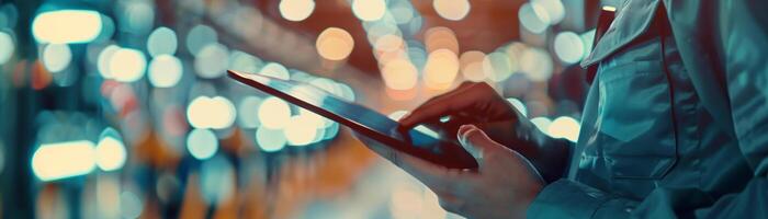 Person using tablet at night, city bokeh lights in background, focusing on technology and connectivity. Hands typing on screen, modern lifestyle. photo