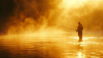 Silhouette of a person fishing in a serene lake at sunset with golden mist rising from the water, creating a tranquil and picturesque scene. photo