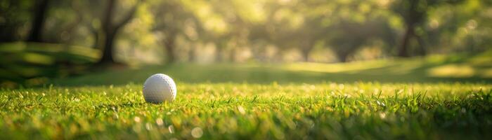A perfectly lit golf ball rests on a beautifully manicured green fairway, surrounded by trees, under warm golden sunlight in a serene setting. photo