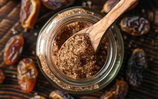 Top view of a jar filled with brown sugar and a wooden spoon. Dried dates scattered around on a dark wooden surface. photo