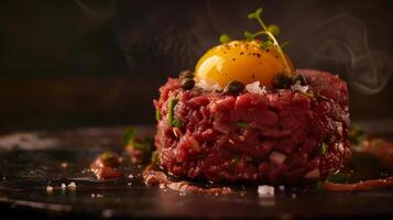 Delicious beef tartare topped with raw egg yolk, garnished with herbs, capers, and onions on a dark plate in a moody setting. photo