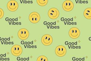 Happy smile faces seamless pattern in trendy funky y2k style. Colorful circle stickers, character icons endless background. Illustration in 90s graphic for fabric, print, textile, presentation vector
