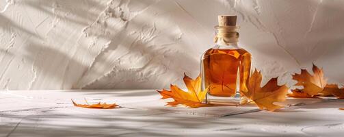 glass bottle of maple syrup with a label photo