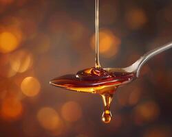 A superrealistic image of maple syrup cascading from a spoon photo