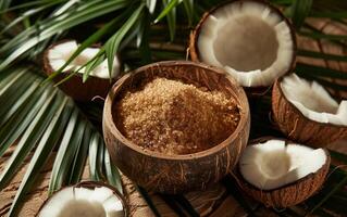 A closeup shot of coconut sugar in a rustic wooden bowl photo
