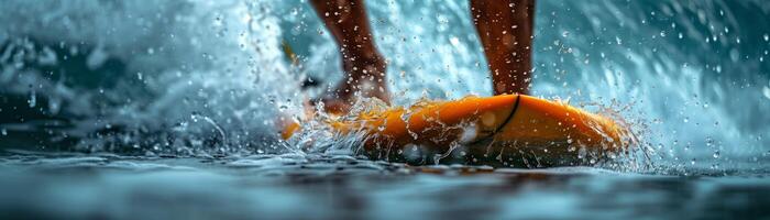 Close-up of a surfer riding a wave, capturing the dynamic movement and splashing water on a vibrant surfboard. photo