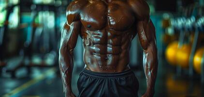 Close-up of a muscular man's torso showcasing defined abs and muscles in a gym setting, representing strength and fitness. photo