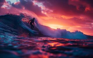 Silhouette of a surfer riding a wave at sunset with vibrant red and purple skies creating a dramatic and picturesque scene. photo