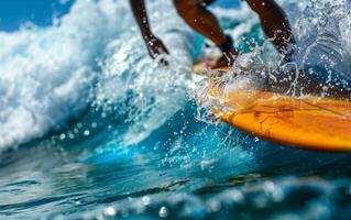 Close-up shot of a surfer riding a wave, showcasing the dynamic action and vibrant colors of the surfboard and ocean. photo