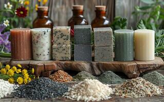 Handcrafted natural soaps with organic ingredients displayed with herbs and essential oils on rustic wooden background. photo