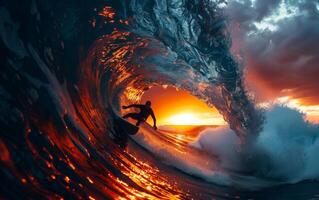 Surfer catching a giant wave as the sun sets, creating a stunning silhouette against vibrant colors of the ocean and sky. photo