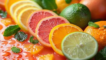 Fresh citrus fruits including lime, lemon, orange, and grapefruit slices with mint leaves, arranged on a vibrant background of juice droplets. photo