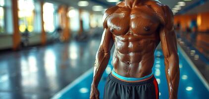 Muscular torso of a fit man in a gym setting with bright lighting and blurred background, highlighting fitness, strength, and health. photo