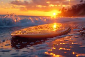 Surfboard resting on a sandy beach at sunset, with waves in the background, capturing a serene and picturesque coastal moment. photo