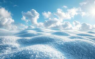 A serene winter landscape with snow-covered hills under a bright blue sky and white clouds, capturing the tranquil beauty of a snowy day. photo