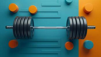 Colorful geometric background with a barbell showcasing heavy weights. Perfect for fitness, workout, and gym-related designs. photo