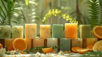 A collection of colorful handcrafted soaps with natural ingredients displayed alongside oranges and greenery in a serene outdoor setting. photo