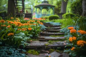 Peaceful garden path with vibrant flowers and a gazebo in the background. Perfect for nature and relaxation scenes. photo