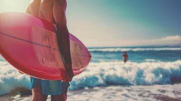 Surfer holding a board, looking at the ocean waves under a sunny sky. Ideal for beach and adventure stock photos. photo