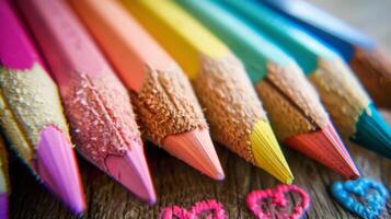 Close-up of colorful sharpened pencils arranged in a row with heart-shaped shavings on a wooden surface. photo