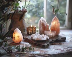 Cozy and serene ambiance with candles and crystals on a rustic wooden table, creating a peaceful, relaxing atmosphere by a window with natural light. photo