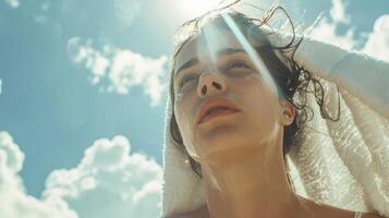 A serene woman gazes at the sky with a towel draped over her head, bathed in sunlight against a backdrop of fluffy clouds. photo