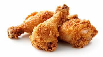 Close-up of delicious, crispy fried chicken drumsticks on a white background. Perfect for food blogs, menus, and culinary marketing. photo