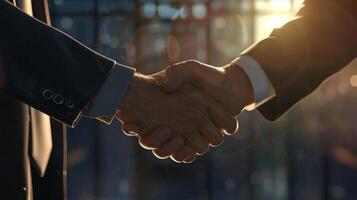 Close-up of two businesspeople shaking hands in an office with a sunset in the background. A symbol of cooperation and partnership. photo