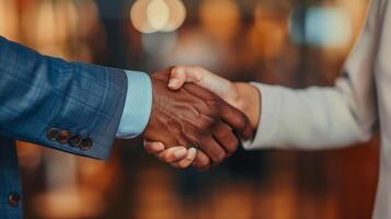 Close-up of two individuals from diverse backgrounds shaking hands, symbolizing partnership and business agreement in a professional setting. photo