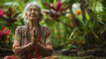 Elderly woman practicing yoga in tropical garden, achieving inner peace and mindfulness through meditation in nature setting. photo