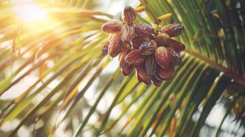 Close-up of ripe dates hanging from a palm tree with sunlight filtering through the leaves, showcasing nature's tropical bounty. photo