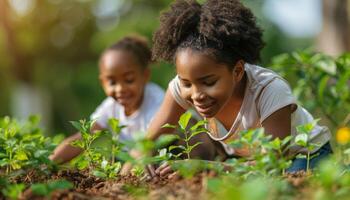 Two young girls joyfully engage in gardening activities, planting seedlings and enjoying the warmth of a sunny day in a lush garden setting. photo