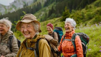 Group of senior friends enjoying a hiking trip in the mountains, laughing and embracing the beauty of nature on a sunny day. photo