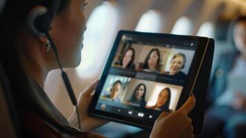 Woman on a virtual meeting using a tablet while traveling on an airplane, illustrating remote work and online communication. photo