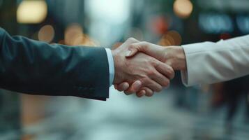 Close-up of a business handshake in an urban setting, symbolizing partnership, agreement, and success in the corporate world. photo