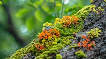 Close-up of vibrant moss and lichen growing on a tree trunk in a lush, green forest with a soft focus background. photo