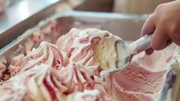Close-up of a hand scooping raspberry ice cream from a container. Creamy texture with swirls of red berry sauce in a gelato shop. photo