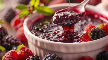 Close-up of a spoon dipping into a bowl of mixed berry jam with fresh berries around it, highlighting the vibrant colors and delicious textures. photo
