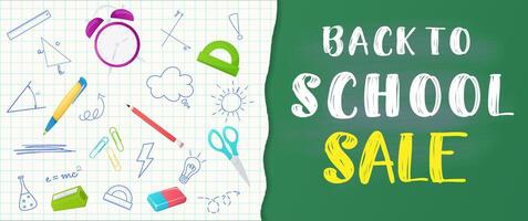 Back to school eduction banner for sale concept with cartoon and doodle elements. vector