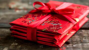 Stack of red envelopes with a ribbon on a rustic wooden table, highlighting traditional festive packaging with floral designs. photo