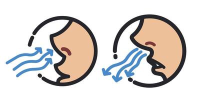 Breathe in and out colored icon illustration set collection outline isolated on horizontal white background. Simple flat sign drawing with cartoon art style. vector
