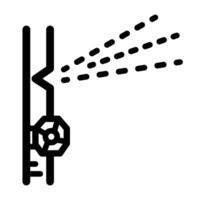 Broken leaked water pipe with wheel spinner icon illustration black outline isolated on square white background. Simple flat cartoon art styled home problem drawing. vector