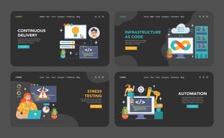 DevOps web banner or landing page dark or night mode set. vector